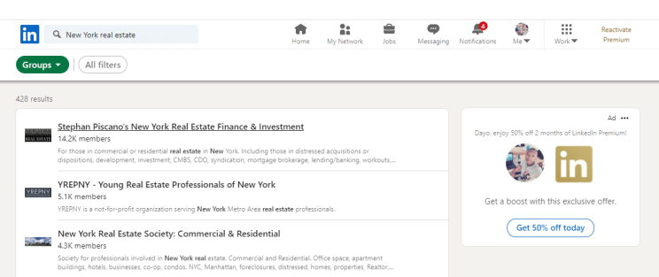 LinkedIn New York Real Estate Group Search Result