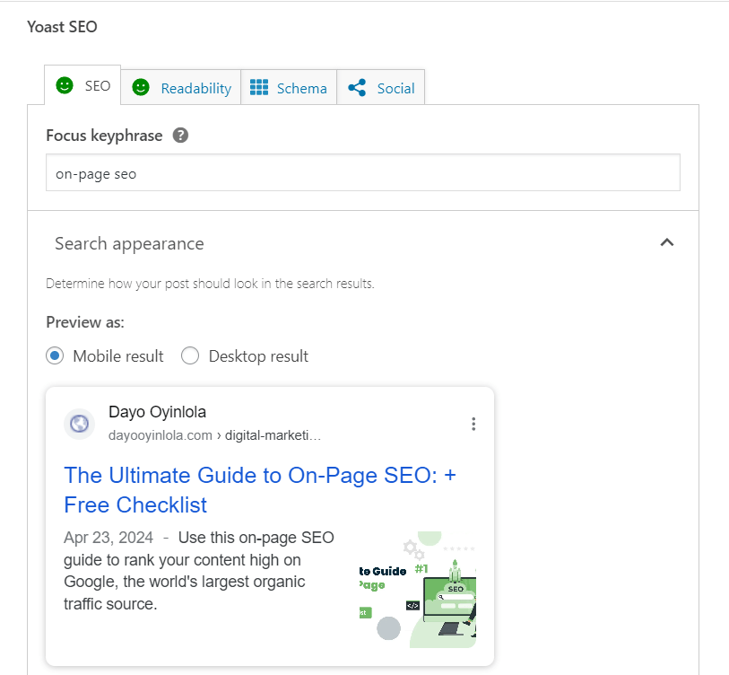 Yoast SEO Google SERP Preview